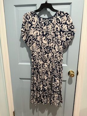 Navy and White Floral Midi Dress with Elastic Waist